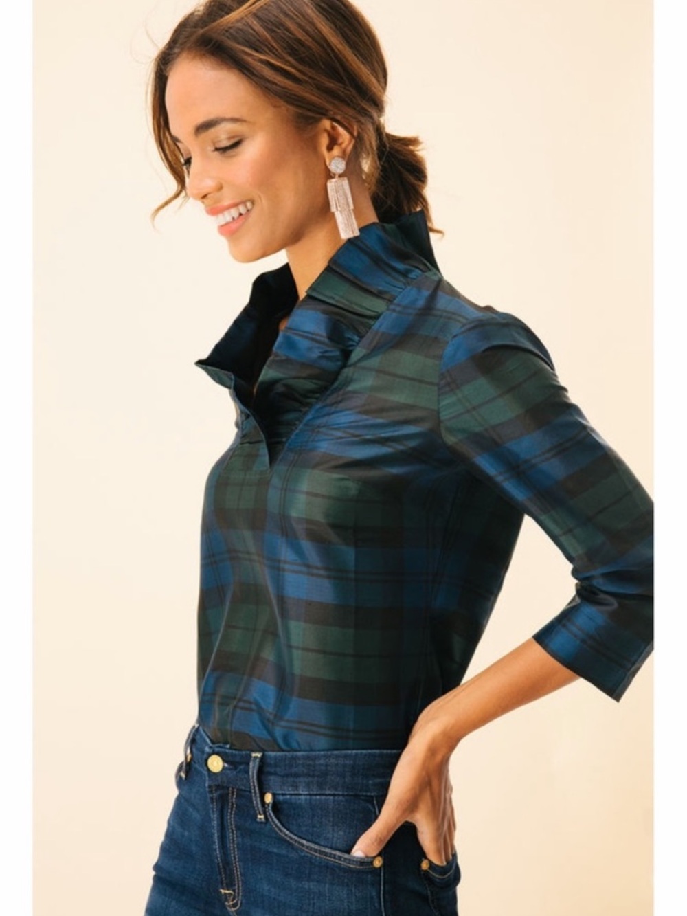 Devon Baer 100% Silk Blouse Black Watch Plaid Ruffle Tuckernuck